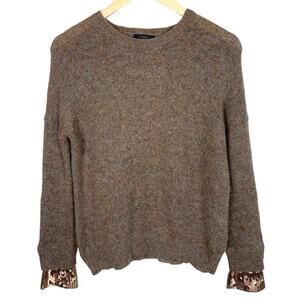 J Crew Womens XS Brown Mohair Wool Blend Crew Neck Sequin Cuff Sweater